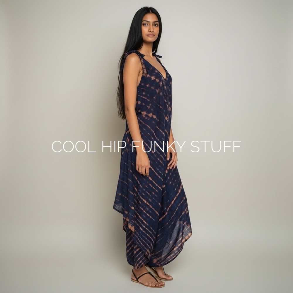 Womens Boho Harem Jumpsuit Sleeveless One Piece Romper Wide Leg Tie Dye Navy